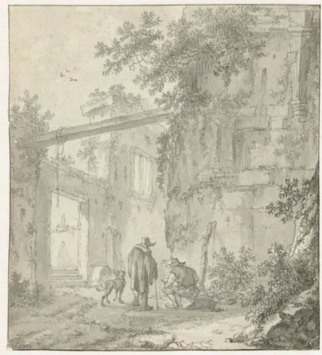 View of Ancient Ruins with a Draughtsman, his Companion and a Dog