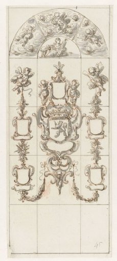 Design for a stained glass window with blank coats of arms and putti