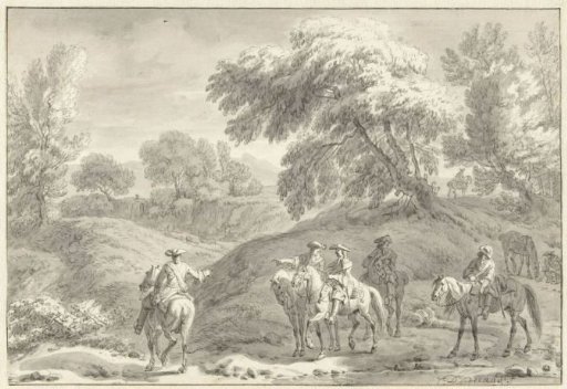 Hilly Landscape with Hunters on Horseback