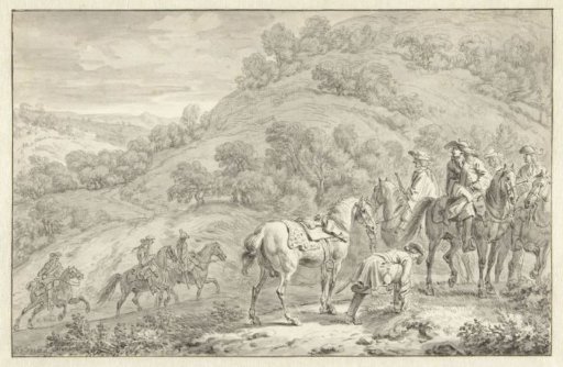 Mountain Landscape with a Dismounted Rider and Other Hunters on Horseback