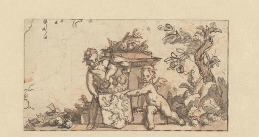 Design for a vignette with two putti with the coat of arms of Holland