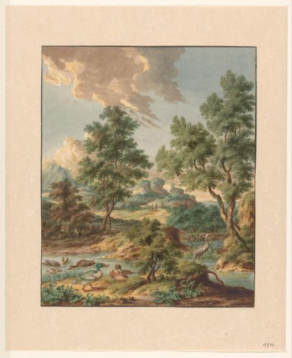 Landscape with waterfowl in a pond