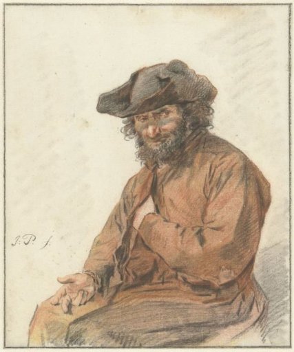 Seated man with long curly hair and black hat