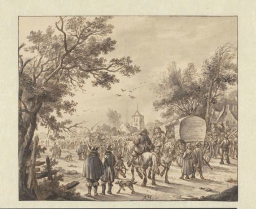 Large crowd gathered near a village
