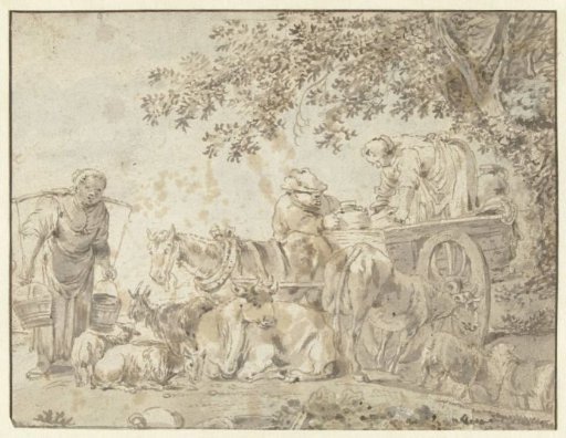 Peasants and cattle at a farm wagon