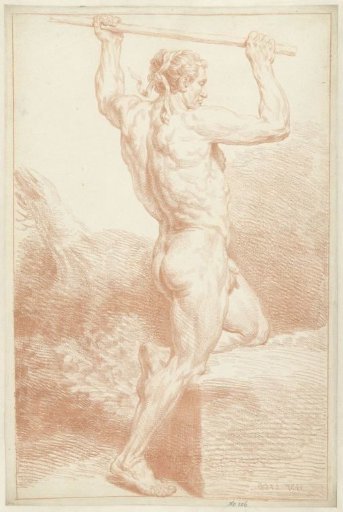 Study of a male nude, on one knee, with a staff above his head