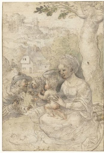 Mary with child, Joseph listens to an angel