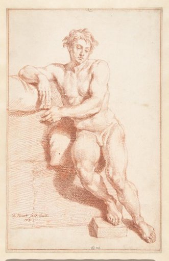 Study of a nude man, en face, resting against a piece of rock