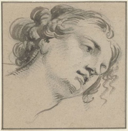 Woman's Head with Curly Hair, Three-Quarter View to the Right and Leaning Forward