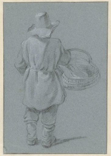 Standing man with basket, seen from the back