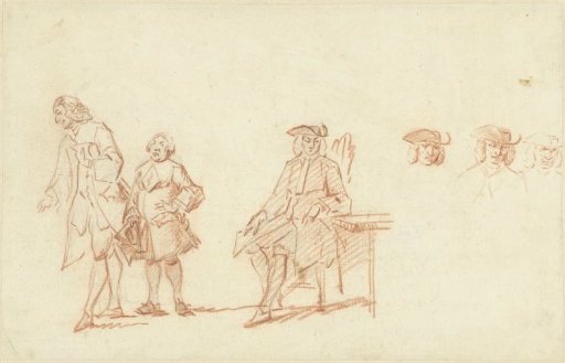 Study sheet with two standing men and a seated man, whose head is repeated three times