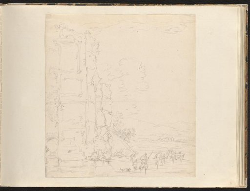Landscape with ruin and people with mules