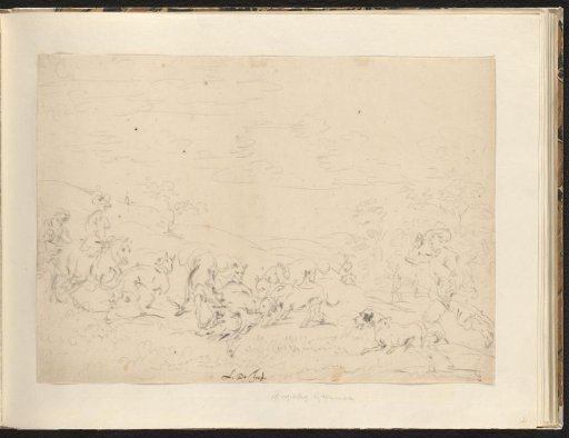 Hunting party with dogs attacking a stag