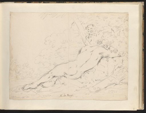 Sleeping nymph spied upon by a satyr