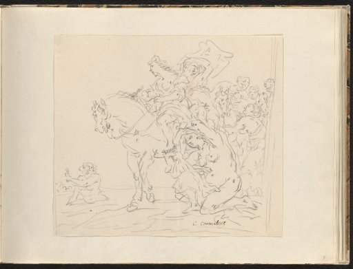 Mythological scene with women on foot and on horseback by the water