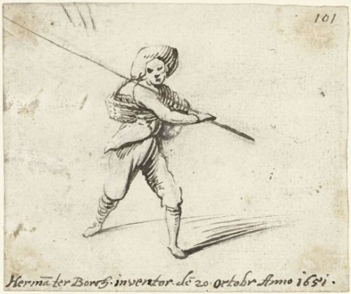 Boy carrying a basket and a pole, to the right