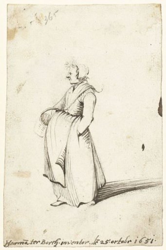 Woman with apron and a basket, facing left
