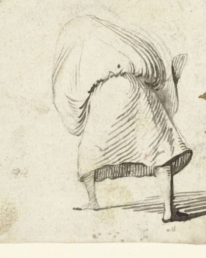 Woman with a skirt over her head, from behind