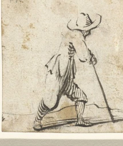 Walking man leaning on a staff, facing right