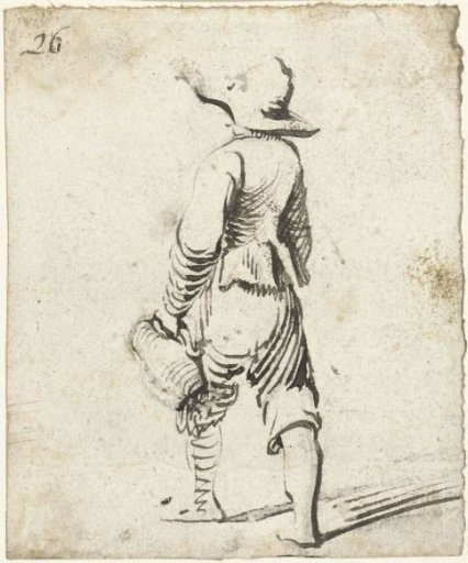 Boy with a floppy hat and a jug, seen from behind