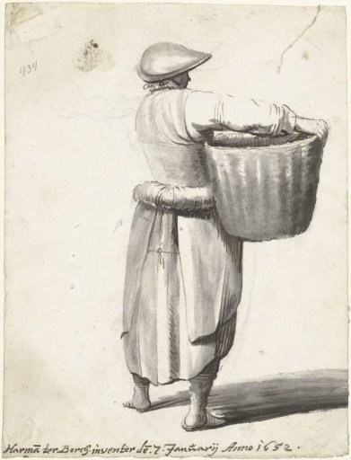 Woman with a Headgear and a Basket, Seen from Behind