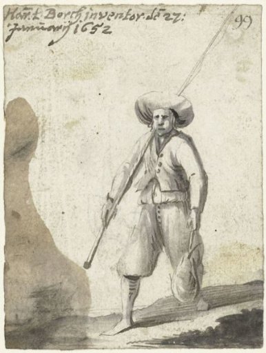 Fisher with a fishing rod and a bag, to the left