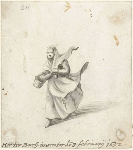 Woman with a scarf and an apron, three-quarter view to the left