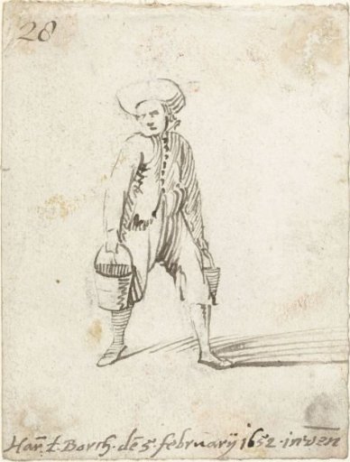 Walking boy with a bucket in each hand, facing right