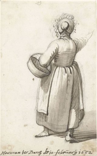 Woman with a basket, gesturing to the right, seen from behind