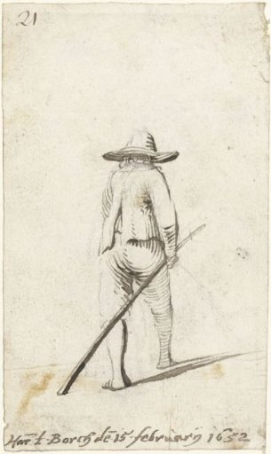 Walking man with a long staff in his hand, seen from behind