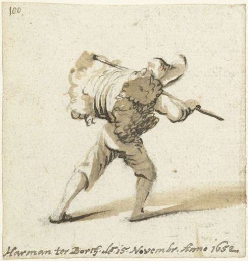Man with a bale of wool on his back, from behind