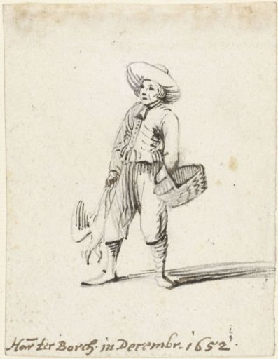 Young man with a basket and a pair of birds, facing left