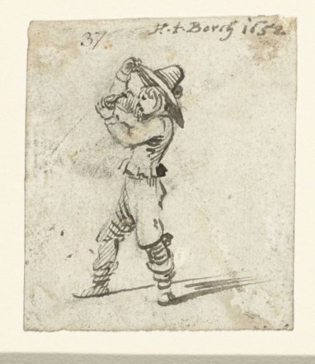 Boy lifting his hat while looking at an object