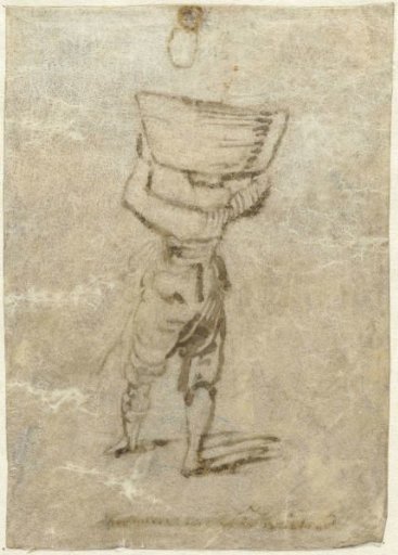Man with a large tub on his head