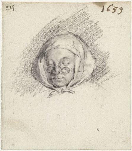 Head of a woman with spectacles and a headscarf