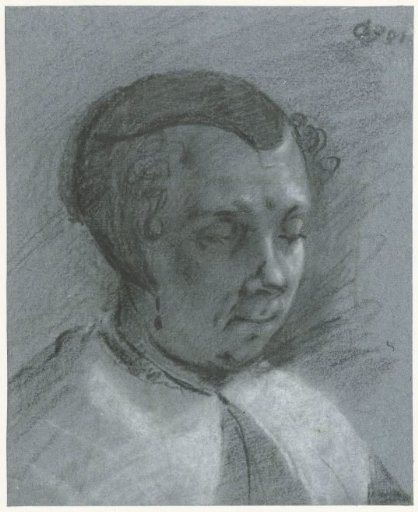 Head of a woman wearing a black cap, facing right