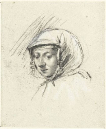Head of a woman with a headscarf, facing left