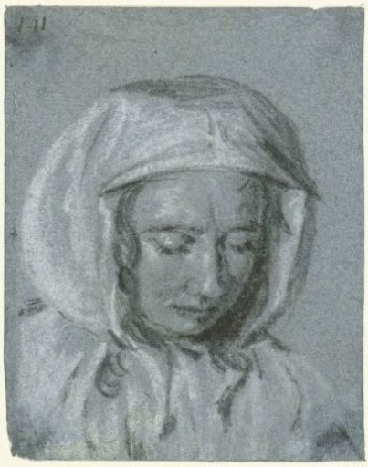 Head of a woman with a headscarf, looking down