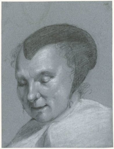 Head of a woman wearing a black cap, facing left