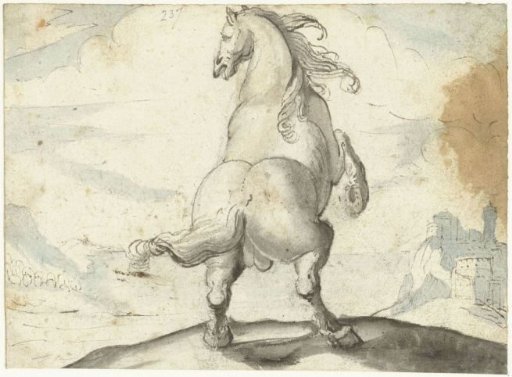 Rearing horse before an Italian harbour view