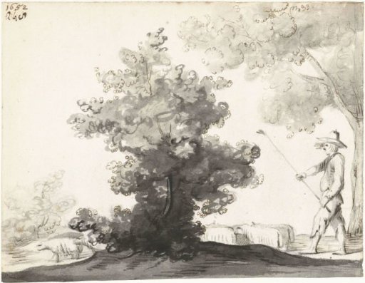 Shepherd with a Staff and Sheep, Walking Along a Bush