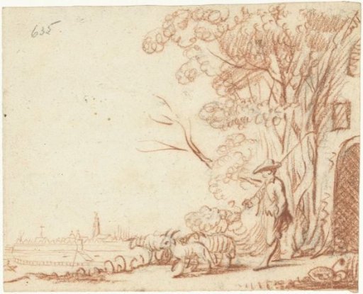 Shepherd and his sheep at a farm