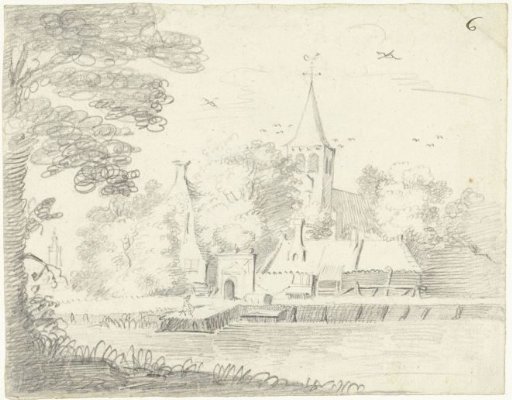 Landscape with a church behind houses along a river