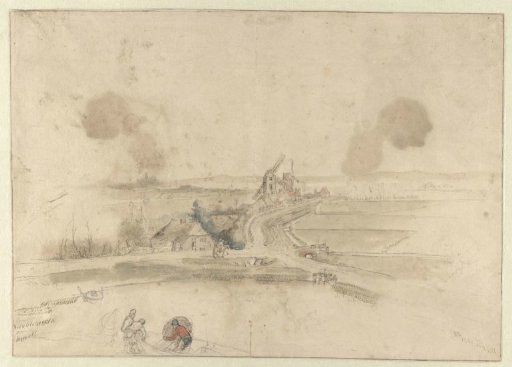 Landscape with Houses and Two Windmills along a Road, with Three Fishermen in the Foreground