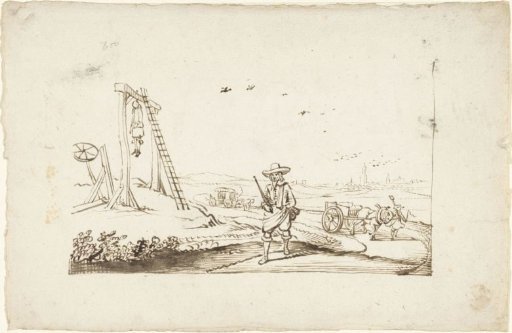 Gentleman walking on a country road past gallows