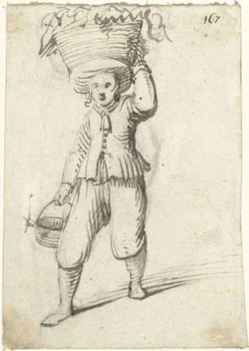 Man with a basket on his head and a bucket in his hand, from the front