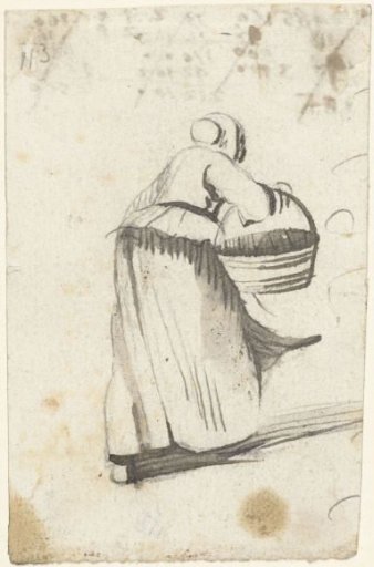 Walking woman with a basket, facing right, seen from behind
