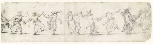 Row of nine dancing men and women, seen from behind