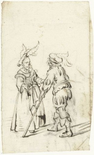 Standing couple in costume, conversing with each other