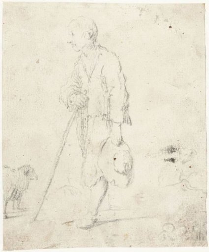 Shepherd standing next to a sheep